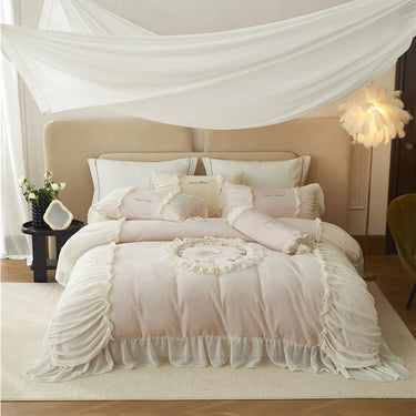 Pink Pleat Chiffon Swan Flowers Embroidery Velvet Fleece Wedding Duvet Cover Bedding Set